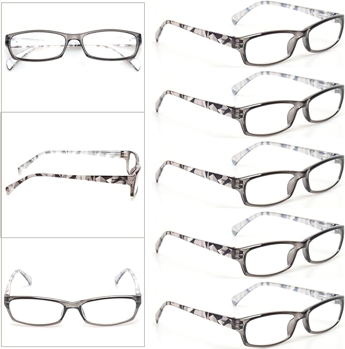 Kerecsen Reading Glasses 5 Pairs Fashion Ladies Readers Spring Hinge with Pattern Print Eyeglasses for Women (5 Grey, 1.75, x)