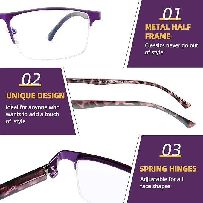 FONHCOO Reading Glasses for Women Men, Blue Light Blocking Reading Glasses Metal Half Frame Computer Readers Anti UV/Glare