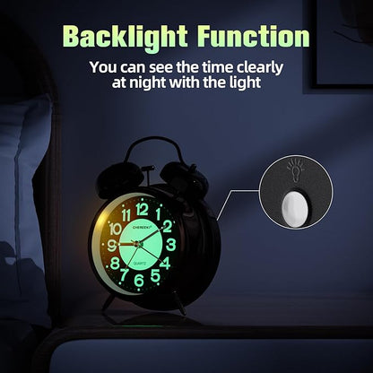 CHEREEKI Loud Alarm Clock for Heavy Sleepers Adults, Silent Non Ticking Analog Clock with Backlight, Luminous Dial, Battery Operated Alarm Clock for Bedroom, Included Battery, Black