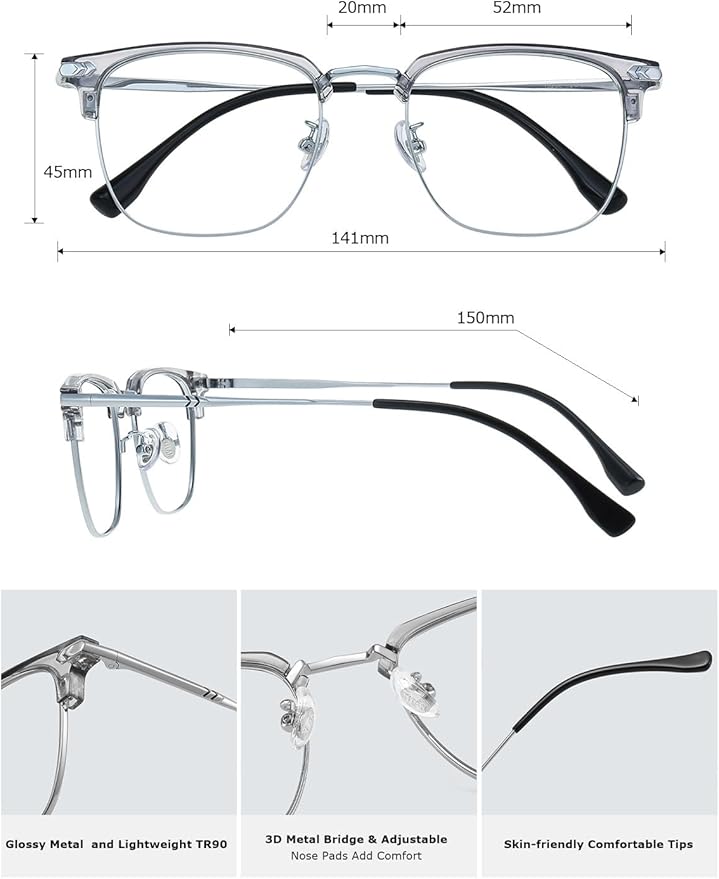 Blue Blocker Glasses for Men Metal Browline Computer Gaming Glasses Filter Blue Ray (Silver Metal/Gray Crystal TR90 Eyeglasses)