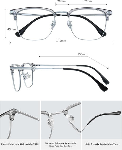 Blue Blocker Glasses for Men Metal Browline Computer Gaming Glasses Filter Blue Ray (Silver Metal/Gray Crystal TR90 Eyeglasses)