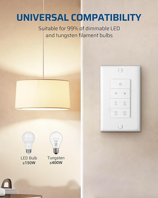 DEWENWILS Wireless Dimmer Switch, Electrical Light Switch, Remote Control Dimmer, Tungsten 400W, Dimmable LED 150W, Adjustable Brightness Button, Needs Neutral Wire, No Hub Required, ETL Listed