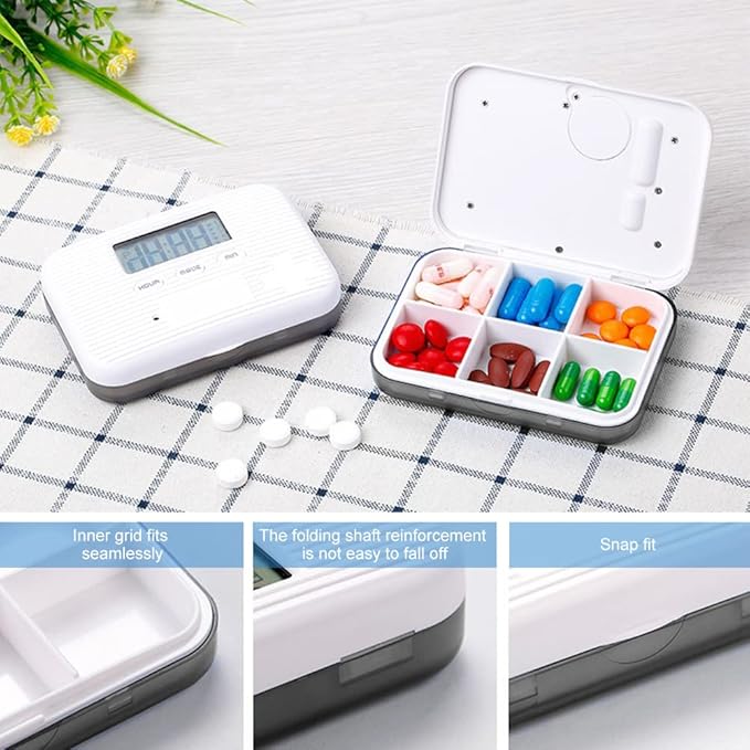 Automatic Pill Dispenser, Electronic Pill Boxes, Easy-Read LCD Display, 6 Compartments Digital Pill Reminder, Outdoor Portable Mini Pill Box with Alarm