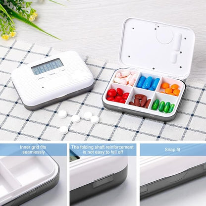 Automatic Pill Dispenser, Electronic Pill Boxes, Easy-Read LCD Display, 6 Compartments Digital Pill Reminder, Outdoor Portable Mini Pill Box with Alarm