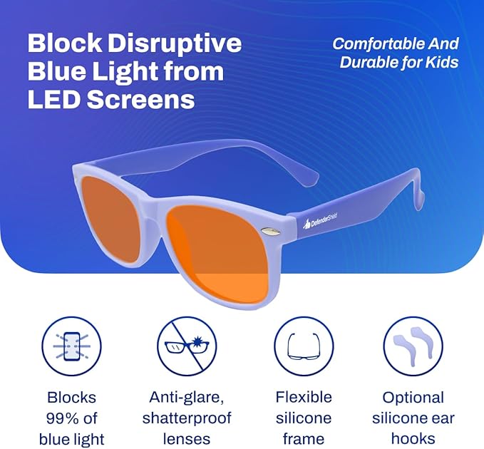 DefenderShield Blue Light Blocking Glasses Kid Series for Computer, Mobile, Gaming, Sleep-Purple - Anti Eye Strain, Headache