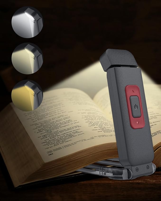 SFV Portable Book Light, Clip-On Rechargeable LED Reading Light for Books in Bed, 3 Amber Colors & 5 Brightness Adjustable, Compact & Long Lasting, Perfect for Book Lovers, Kids, Black