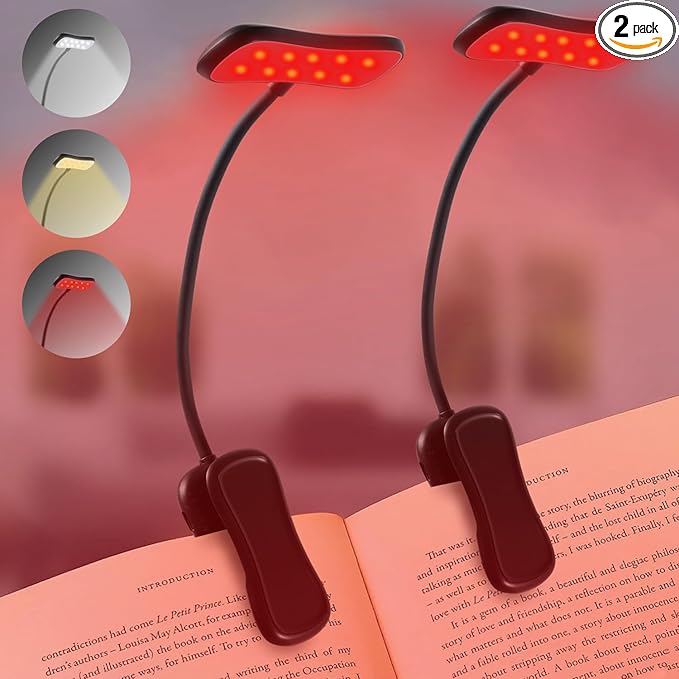 630nm Red Book Light - Zero Blue Light, Rechargeable Clip On Red Reading Light for Reading at Night, Poratble Dimmable LED Book Lamp, Perfect for Travel Nursing Studying(2 Pack)