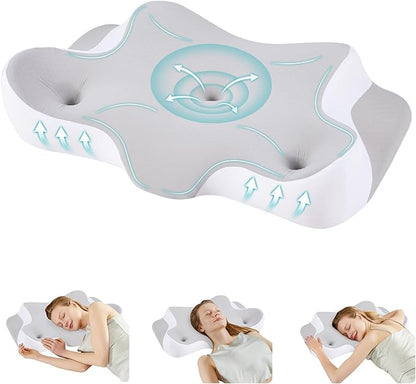 Sweetcrispy Cervical Pillow for Neck and Shoulder,Contour Memory Foam Pillow,Ergonomic Neck Support Pillow for Side Back Stomach Sleepers with Pillowcase, Grey