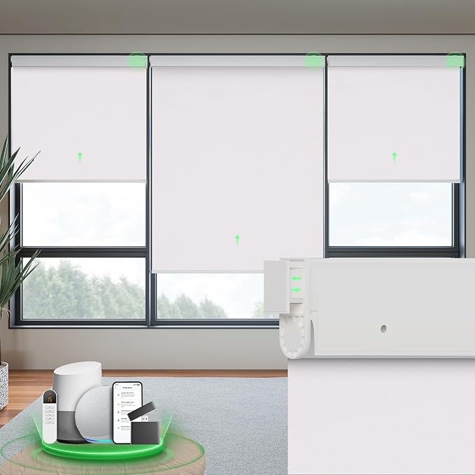Motorized Blinds with Remote, Blackout No Drill Cordless Smart Roller Shades, Automatic Blinds for Windows, White,31" W x 72" H