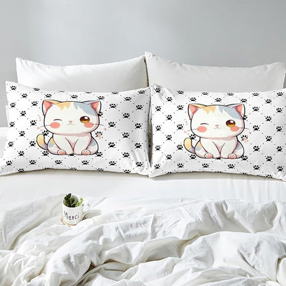 Cat Paw Fitted Sheet Full 3 Pcs,Kawaii Cat Lovely Animals Soft Microfiber Sheets Breathable Bedding,Watercolor Cat 3D Cartoon Bedsheet with Deep Pocket for All Season Bedroom