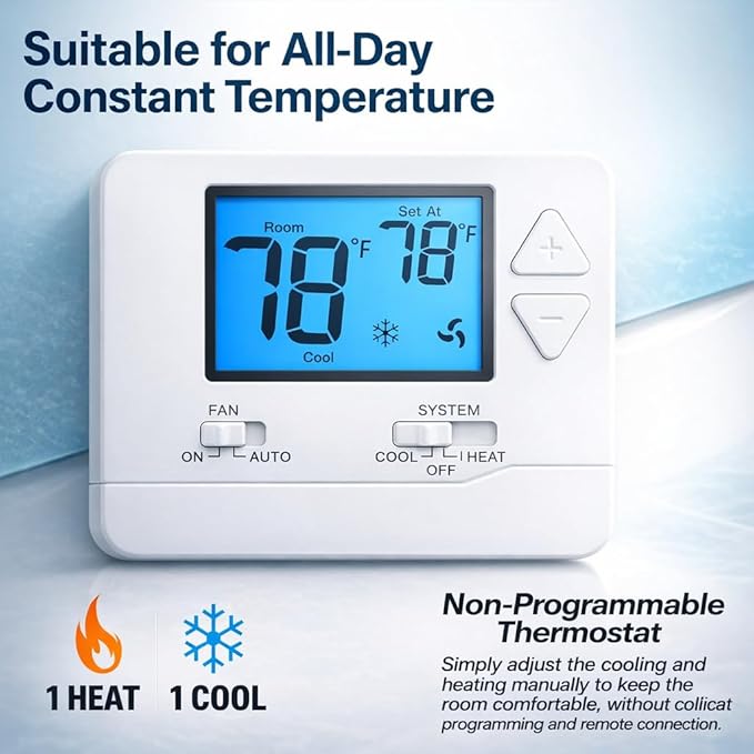 Non-Programmable Thermostat (Batteries Included) for Home 1 Heat/1 Cool Conventional Single-Stage Systems Blue Backlight (DIY Friendly)