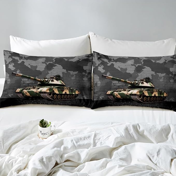 Manfei Tank Sheet Set King Size, Grey Camouflage Wall Print Bed Sheet Set 4pcs with Deep Pocket Fitted Sheet + Flat Sheet + 2 Pillowcases, Camo Vintage Style Bedding Set for Kids Boys Teen Room Decor