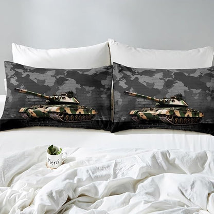 Manfei Tank Sheet Set Queen Size, Grey Camouflage Wall Print Bed Sheet Set 4pcs with Deep Pocket Fitted Sheet + Flat Sheet + 2 Pillowcases, Camo Vintage Style Bedding Set for Kids Boys Teen Room Decor