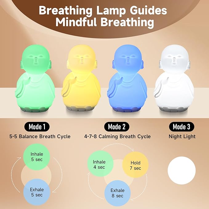 Mindfulness Tool Set with Guided Visual Meditation Breathing Lamp and 48 Positive Affirmation Cards, 3 in 1 Device with Night Light & Noise Machine, Self-Care Gift for Anxiety Relief and Relaxation
