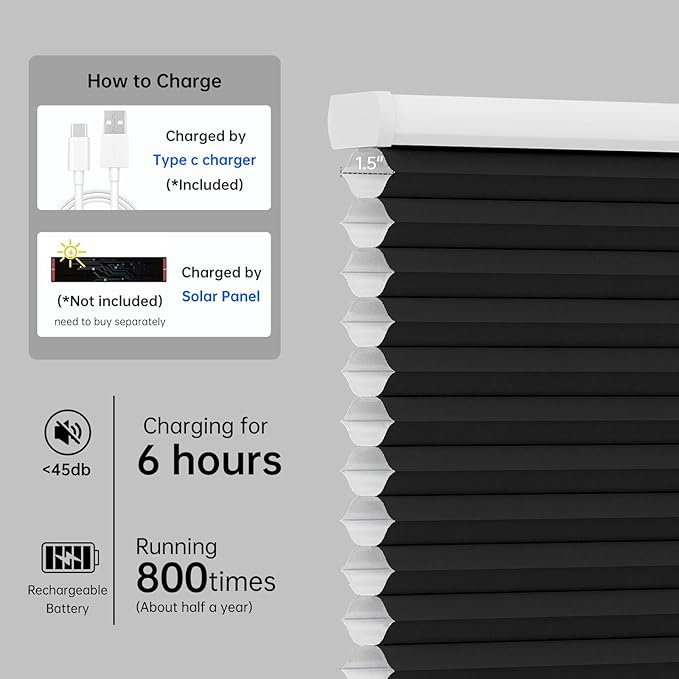 Motorized Cellular Shades with Remote, Light Filtering Smart Cellular Shades Compatible with Alexa, Honeycomb Window Blinds for Bedroom Home Office, Custom Size, Half Shading Black