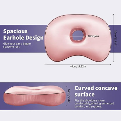 Pink Ear Piercing Pillow - Side Sleeper Support with 3.5" Ear Hole Relief, Hypoallergenic Orthopedic Pillow for Healing Piercings