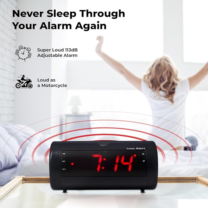 Sonic Blast Digital Alarm Clock – Loud Alarm Clock for Heavy Sleepers – Bedside Alarm Clock – Android & iOS Compatible - Bluetooth Speaker, USB Port – AUX Compatible