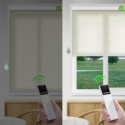 ZSHINE Motorized Window Blinds Over-Size Customize Width (21-114 Inches) Remote Control Wireless and Rechargeable Motor Roller Shades Blinds for Windows(Light Filtering Beige 82086B)