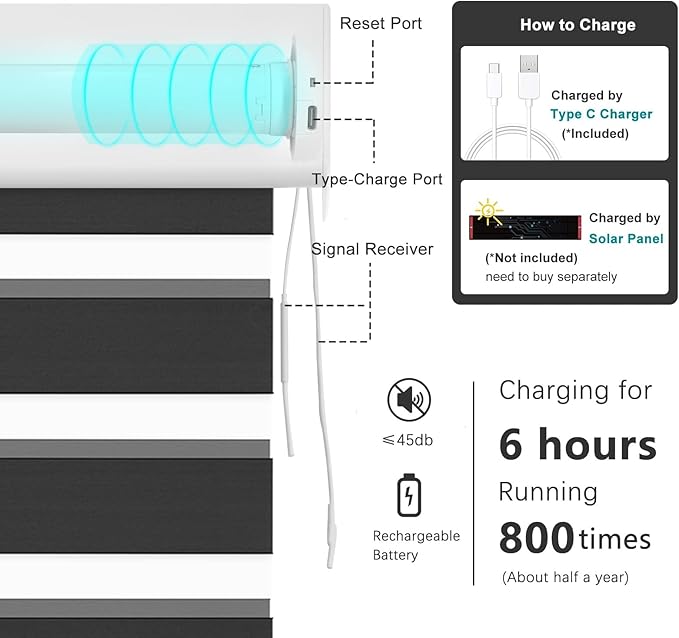 Changshade Smart Motorized Zebra Blinds Remote Control for Indoor Door Windows Blackout, Room Darkening Custom Size Shades Electric Power Automatic Work with Alexa, Google Home, Apple Homekit, Black