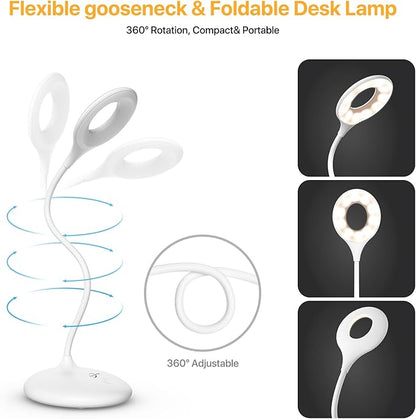 LED Desk Lamp with 3 Color Modes, Touch Control 30 LEDs Table Lamp, Stepless Dimming Reading Light,360° Flexible, Rechargeable Portable Eye-Caring Sleep Aid for Dorm Study Office Bedroom, White