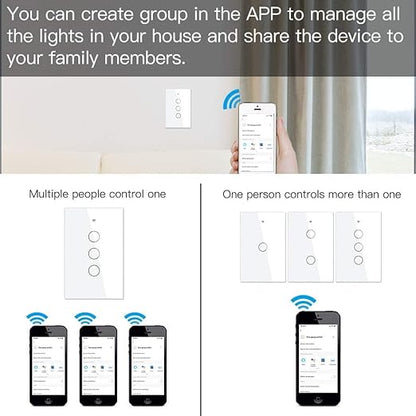 MOES Touch Wall Single Live Wire Smart Switch，No Neutral Wire Needed, 2.4GHz WiFi RF433 Light Switch Works with Smart Life/Tuya App, Alexa and Google Home, Single Pole 110V, White 3 Gang