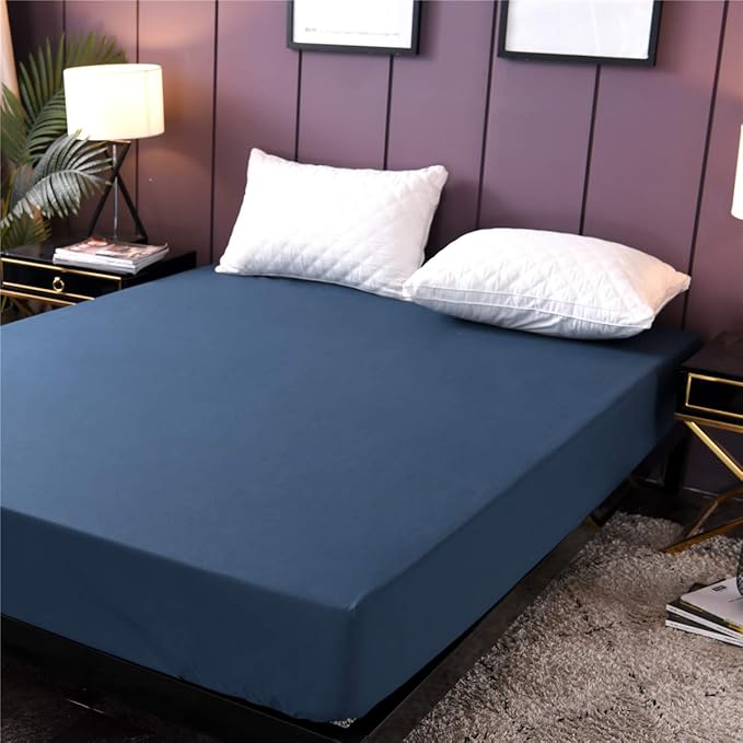Holawakaka Full Waterproof Mattress Protector Navy Blue Fitted Sheet Breathable Bed Mattress Pad Cover, 14" Deep Pocket (Navy Blue, Full)