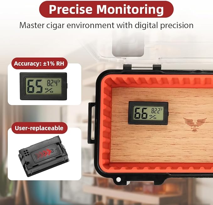 Bald Eagle Travel Humidor, Portable Cigar Case, Cigar Box with Cedar Veneer Humidifier Hygrometer, Highly Airtight, Hold 8-12 Cigars