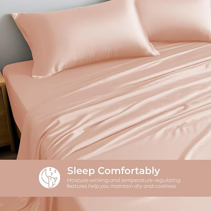 LINENWALAS Queen Flat Sheet Only - Rayon Derived from Bamboo Silk Bed Sheet, Premium Breathable Cooling Sheet, Soft Top Sheet (Queen, Rose Gold)