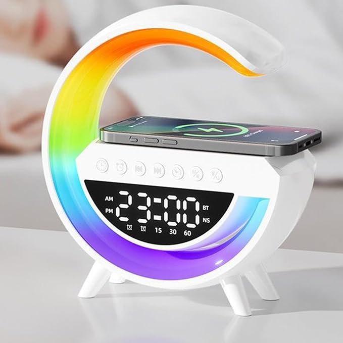 Table Lamp Smart Alarm Clocks Alarm Clocks for Bedrooms White Speaker Wireless Charger Smart Light Sound Machine 9.45 inch Night Light Lamp Sunrise Alarm Clock Restroom Bedroom (Mini-Style 3401)