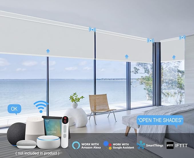 Bringnox Motorized Blinds with Remote,100% Blackout Smart Roller Blinds Compatible with Apple Homekit Google Home and Alexa Via HUB,and Customized (Vinyl White Grey-15)