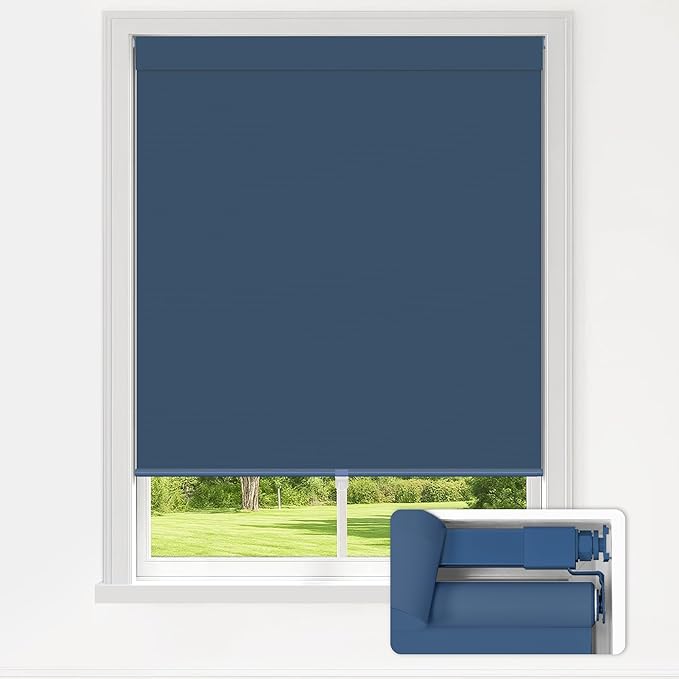 LazBlinds No Drill Blinds for Indoor Windows, Blackout Roller Shades, Cordless Window Blackout Blinds, Thermal Insulated Fabric UV Protection for Home and Office, 28.5" W x 72" H, Navy Blue