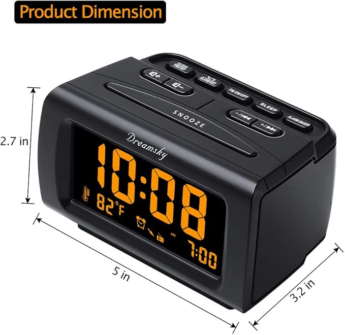 DreamSky Alarm Clock Radios for Bedrooms with Battery Backup, Large Big Numbers with Dimmer Wheel, USB Port, Bedside Digital FM Radio with Sleep Timer, Temperature, Adjustable Volume, Snooze