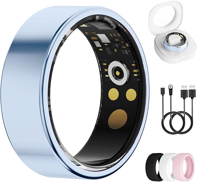 Smart Ring for Women & Men, Health Tracker Ring with Heart Rate, Blood Oxygen,Blood Pressure, IP68 Waterproof Fitness Ring, Sleep Tracker for iPhone and Android, No APP Fee (Blue, 6#)