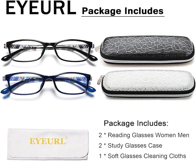 EYEURL 2 Pack Blue Light Blocking Women Men Reading Glasses 3.0 - Computer Readers Lightweight TR90 Flexible Frame Rectangular Eyeglasses Anti Eyestrain UV Protection