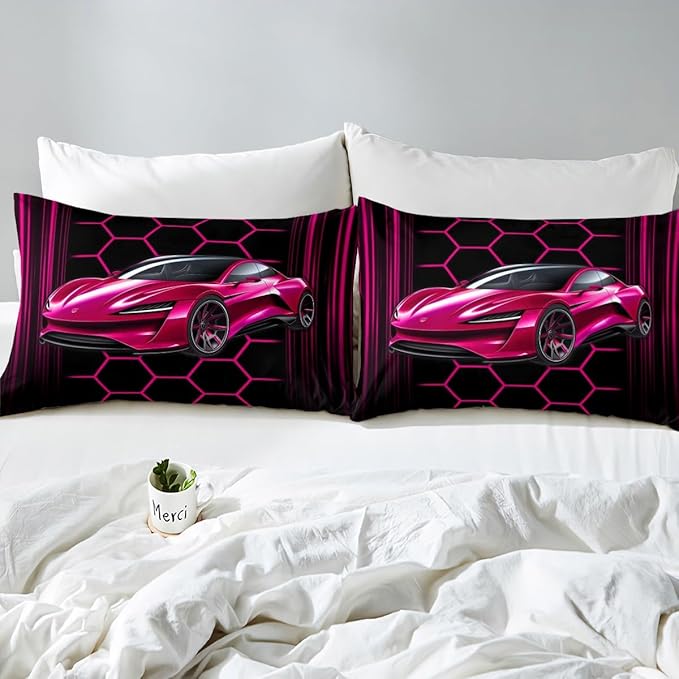 Sports Car Bed Sheet Set Home Decor Pink Race Car Sheet Sets Deep Pocket,Neon Lines Geometric Honeycomb Mattress Cover,Twin Size with 1 Pillowcase