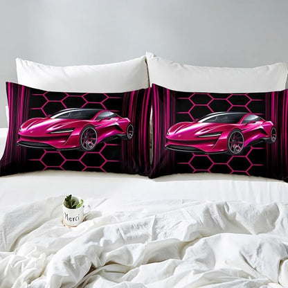 Sports Car Bed Sheet Set Home Decor Pink Race Car Sheet Sets Deep Pocket,Neon Lines Geometric Honeycomb Mattress Cover,Twin Size with 1 Pillowcase