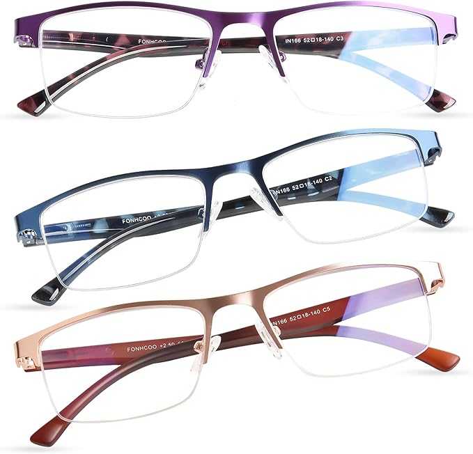 FONHCOO Reading Glasses for Women Men, Blue Light Blocking Reading Glasses Metal Half Frame Computer Readers Anti UV/Glare