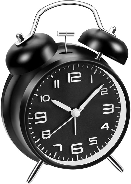 Loud Alarm Clock for Heavy Sleepers Adults, Metal 4 Inches Twin Bell Battery Operated Alarm Clocks for Bedrooms Decoration, Silent Non-Ticking Back-to-School Gift (Black)