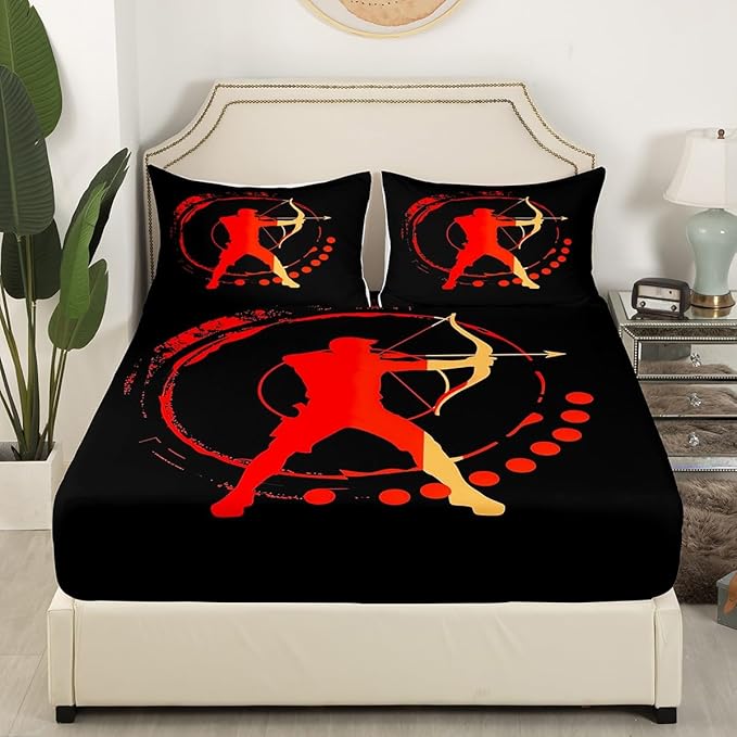 Manfei Archery Fitted Sheet Full Size, Archery Athletes Silhouette Print Bedding Set 3pcs, Sports Theme Bed Cover with 2 Pillowcases, Kids Boys Teens Room Decor, Soft Bedding(No Top Sheet)