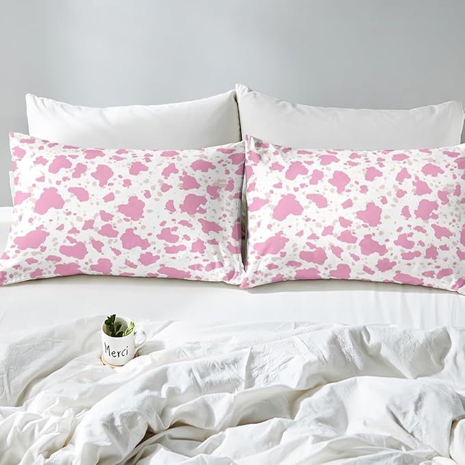 Pink Cowhide Fitted Sheet,Rustic Farmhouse Animal Fur Pattern Sheet Set for Adults Ultra Soft Room Gift,Western Cowgirl Cow Fur Print Bedding Set with 2 Pillowcases,Queen Size