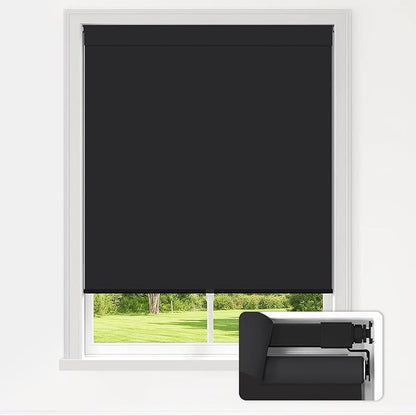 LazBlinds No Drill Blinds for Indoor Windows, Blackout Roller Shades, Cordless Window Blackout Blinds, Thermal Insulated Fabric UV Protection for Home and Office, 26.5" W x 48" H, Black