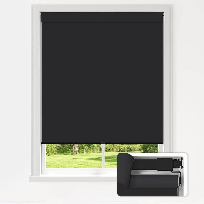 LazBlinds No Drill Blinds for Indoor Windows, Blackout Roller Shades, Cordless Window Blackout Blinds, Thermal Insulated Fabric UV Protection for Home and Office, 24.5" W x 48" H, Black