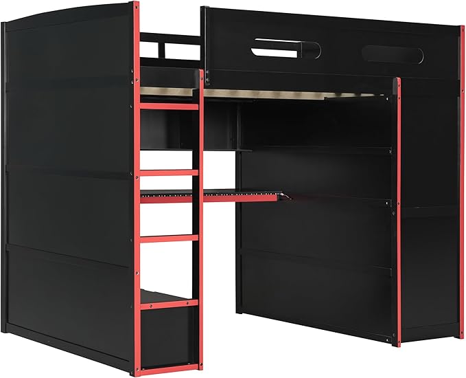 GOWE Full Size Wood Loft Bed with Desk,Wardrobe,Ample Storage Space,and RGB Light, Red(Old SKU:LT000261AAR)