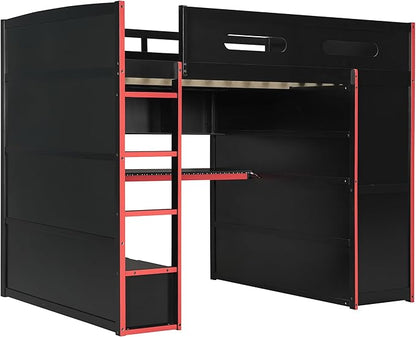 GOWE Full Size Wood Loft Bed with Desk,Wardrobe,Ample Storage Space,and RGB Light, Red(Old SKU:LT000261AAR)