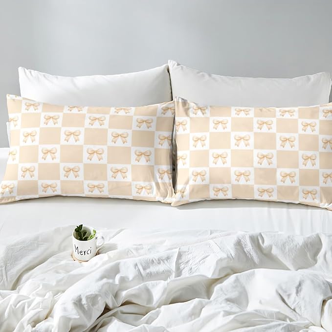 Yellow Bowknot Fitted Sheet,Geometric Yellow White Plaids Grids Patchwork Soft Decorative Fabric Bedding Princess Bow-tie Dreamy Girly Bow Pocket Twin Size with 1 Pillowcase