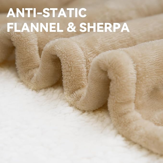 Warm Storm Electric Blanket King Size Heated Blanket Anti-Static Flannel & Sherpa 10 Heating Levels 12 Hours Auto Off Machine Washable Beige 90"x 100"