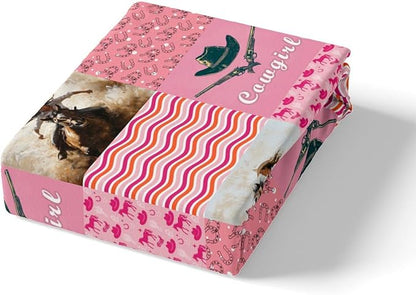 Western Cowgirl Fitted Sheet Set with 2 Pillowcase,Tribal Cowgirl Hats Horseshoe Rustic Farm Microfiber Mattress Cover,Vintage Pink Plaids Patchwork Bed Cover Queen Size