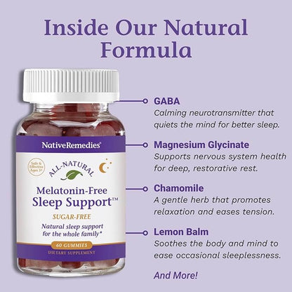 Native Remedies Melatonin-Free Sleep Gummies – Sugar-Free Herbal Formula with GABA, Magnesium, L-Theanine & Valerian – Sleep Aid Natural Support for Adults - 60 Calm Gummy Vitamins