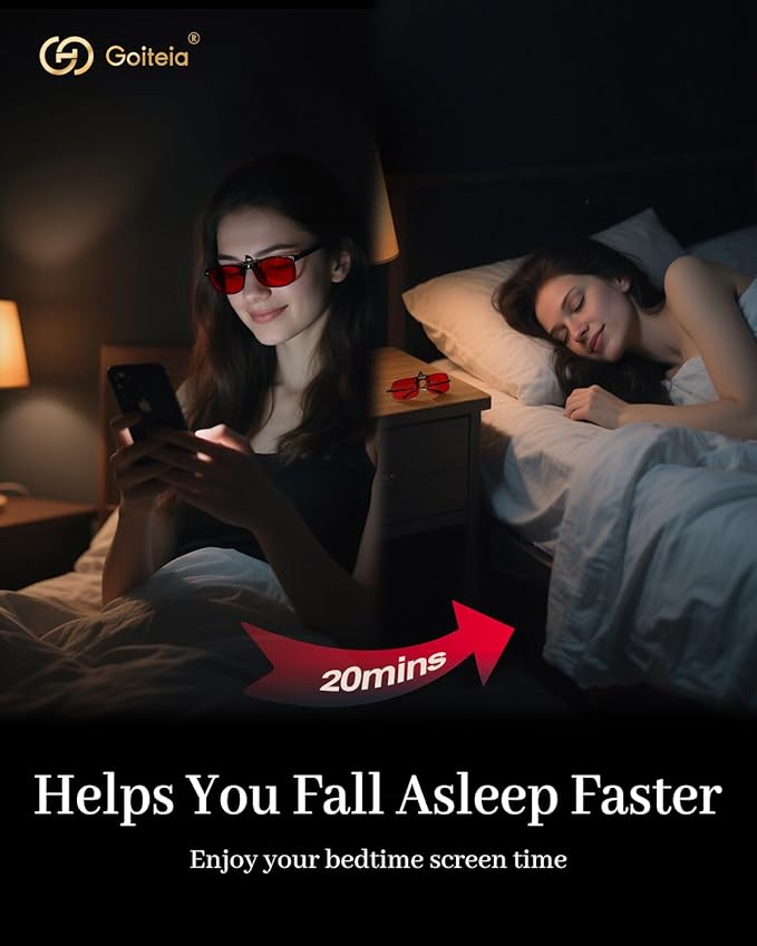 Goiteia Red Clip on Blue Light Blocking Glasses for Sleep-Block Blue & Green Light-Fast and Sound Sleep/Relieve Eye Strain