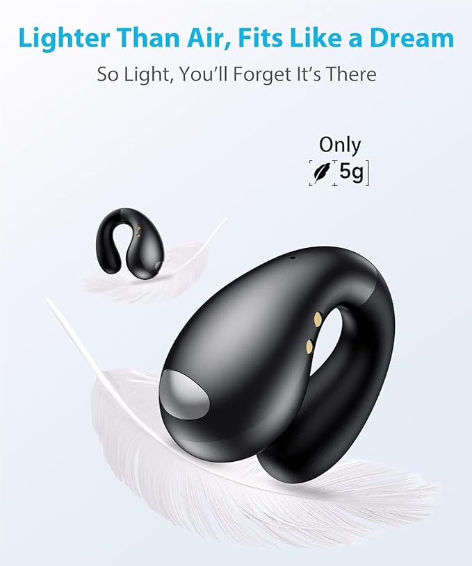 Ultra Open Ear Earbuds - Ergonomic Clip-On Earbuds, Bone Conduction Over-The-Ear Headphones with Waterproof Design and Secure Fit for Small Ears, Carbon Black